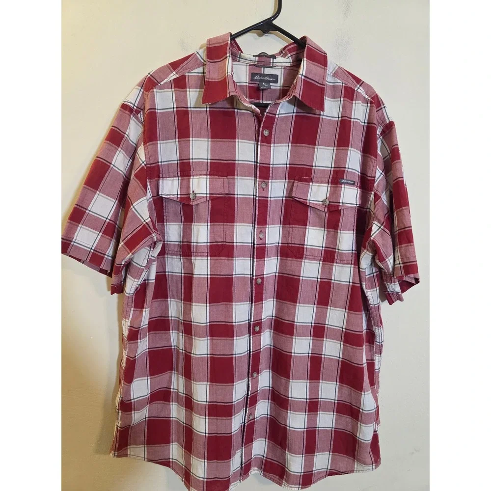 Eddie Bauer Mens Tall XL Red Plaid Short Sleeve Button Down Shirt Classic Fit